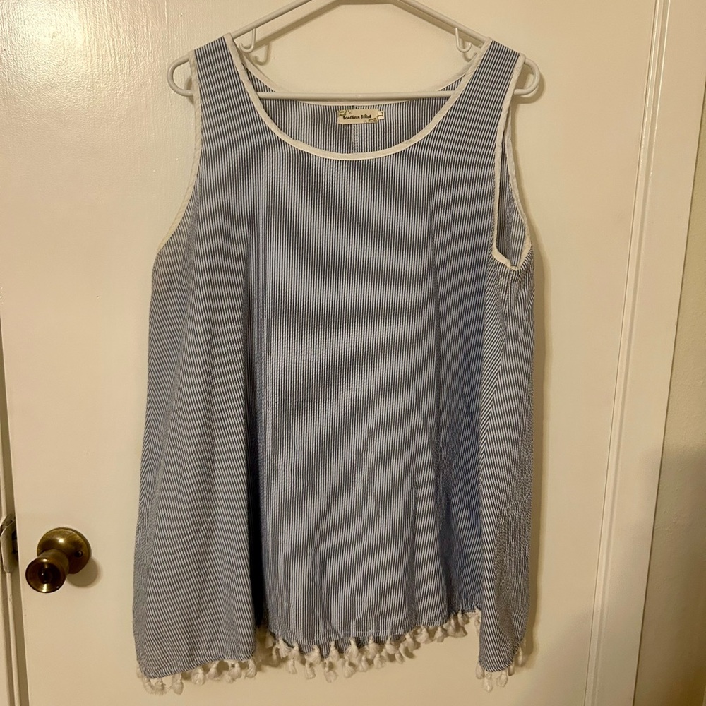 Striped Blue and White Sleeveless Tunic with Tassels